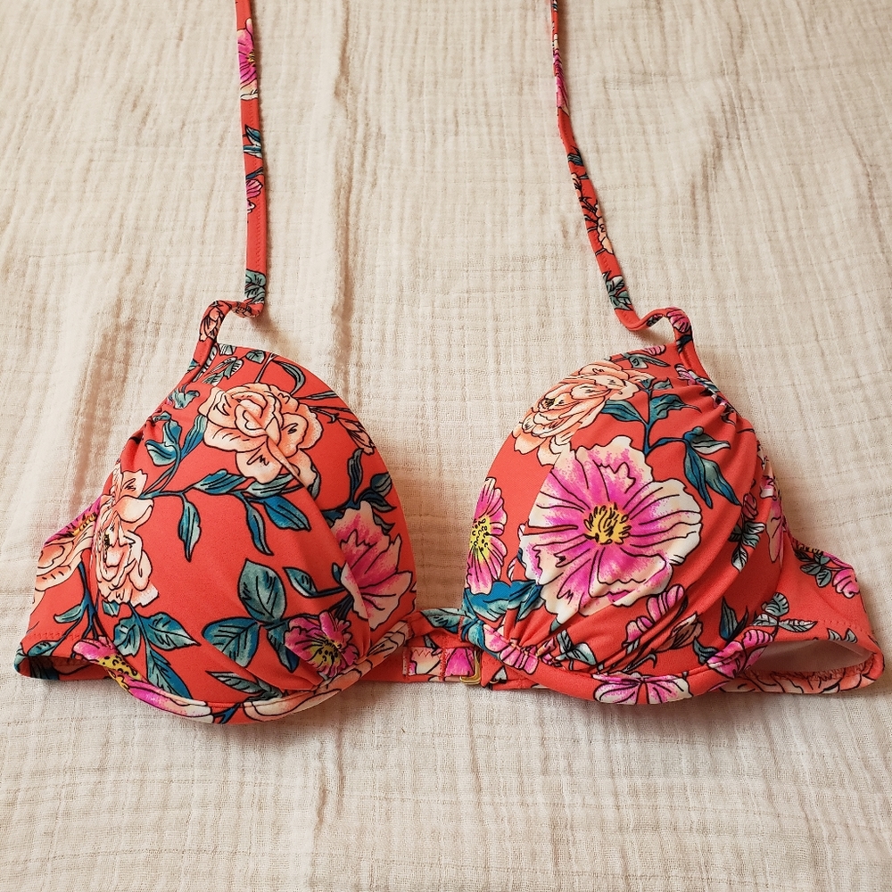 Shade and shore floral bikini top orange w pink and blue floral print NWT 34B